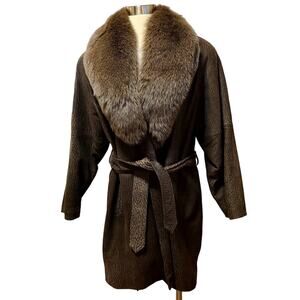 Greg Bell VTG Women's Leather Coat Mob Wife Sz S Open Wrap Fox Trim Excellent